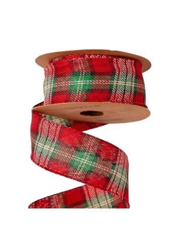 Kockás karácsonyi szalag drótos szegéllyel 38mm x 10m - Krém/Fekete