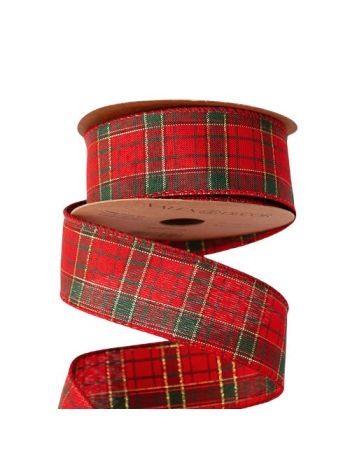 Kockás karácsonyi szalag drótos szegéllyel 38mm x 10m - Piros/Arany/Sötétzöld