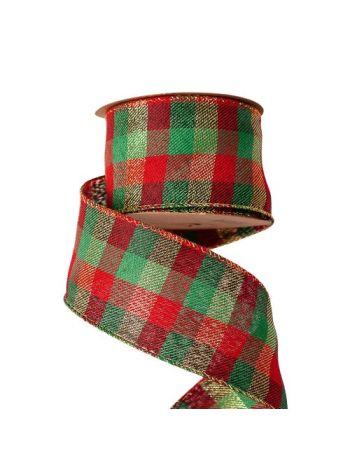 Kockás karácsonyi szalag drótos szegéllyel 63mm x 10m - Piros/Arany/Zöld