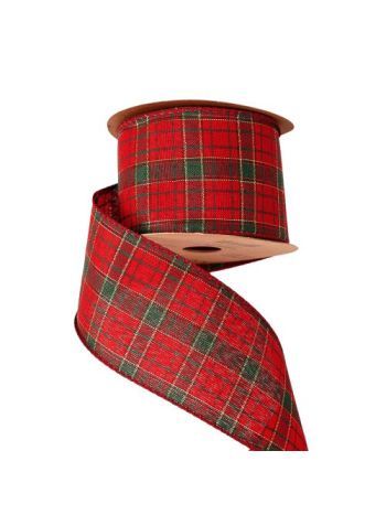 Kockás karácsonyi szalag drótos szegéllyel 63mm x 10m - Piros/Arany/Sötétzöld