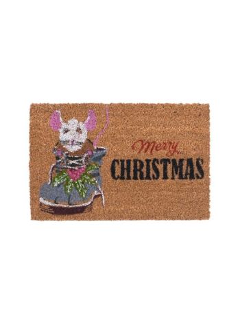 Lábtörlő egérkével Merry Christmas felirattal kókuszrost 40x60cm natúr