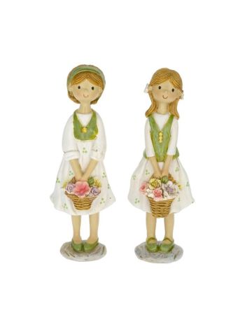 Lány virágkosárral álló poly 5x4x15 cm zöld- fehér 2 féle