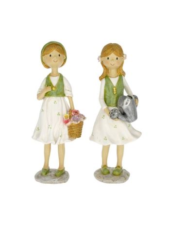 Lány virágkosárral- kannával álló poly 7x4x19 cm zöld- fehér 2 féle