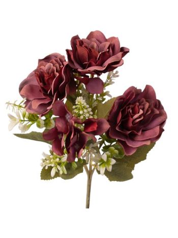 Hortenzia selyemvirág csokor- 5 ágú- 30cm magas - Bordó