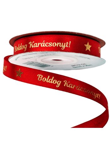 Fényes arany Boldog Karácsonyt! feliratos szatén szalag 12mm x 20m - Piros
