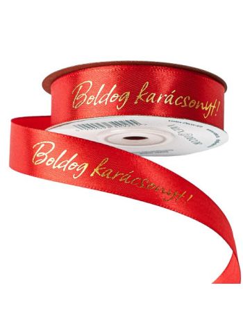 Fényes arany Boldog Karácsonyt! feliratos szatén szalag 20mm x 20m - Piros