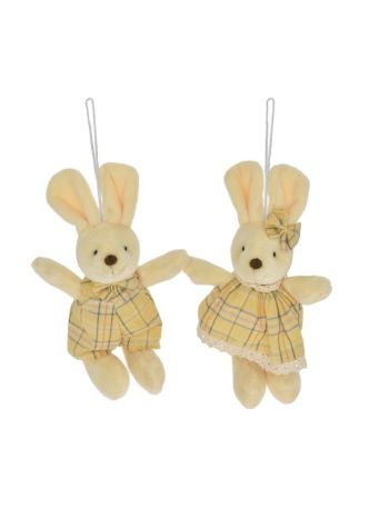 Nyúl fiú- lány kockás ruhában akasztós textil 12cm sárga 2 féle SSS