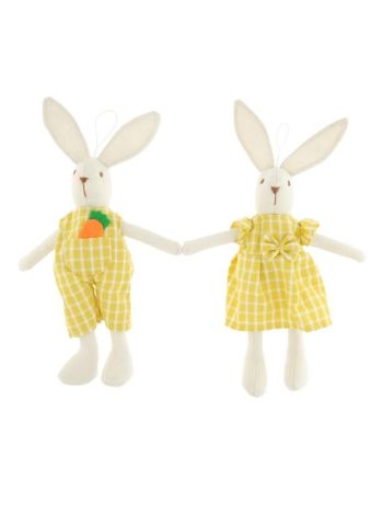 Nyúl fiú- lány kockás ruhában akasztós textil 25 cm sárga 2 féle @