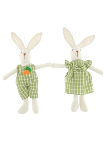 Nyúl fiú- lány kockás ruhában akasztós textil 25 cm zöld 2 féle @