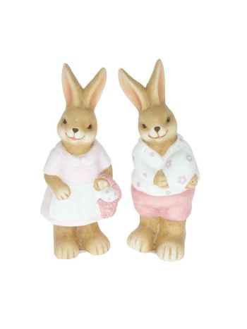 Nyúl fiú- lány tojással álló kerámia 7x5-5x15 cm rózsaszín- barna 2 féle