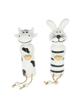 Nyúl- tehén szívvel lógólábú műanyag 4-8x3-5x12-6 cm fekete- fehér 2 féle @