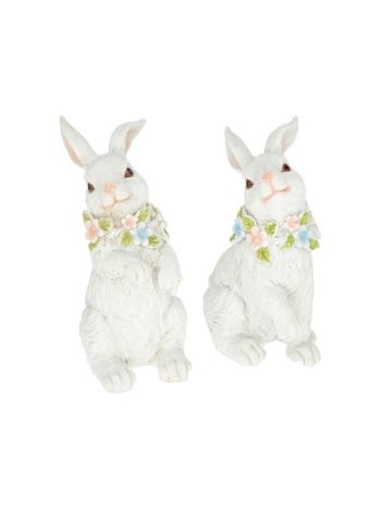 Nyúl virágkoszorúval ülő poly 8-5x6-5x15-2 cm fehér 2 féle DD67362
