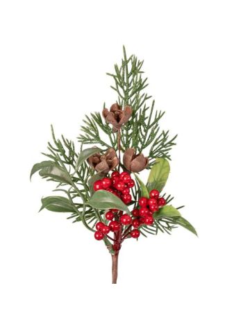 Piros bogyós dekor pick fenyővel és tobozzal- 20 cm magas