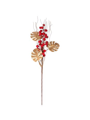 Piros bogyós ág arany monstera levelekkel- 60 cm magas
