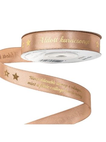 Áldott karácsonyt! feliratos- idézetes szatén szalag 16mm x 20m - Púder barna