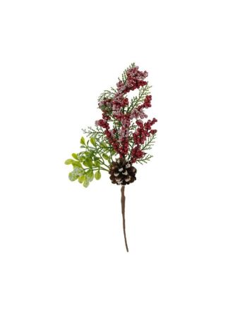 Hodvábna kvetinová vetvička so šiškou- bobuľa- plast- 30 cm- zelená- červená @