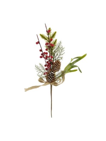 Selyemvirág fenyőág deres- bogyóval- tobozzal műanyag 34 cm zöld- piros