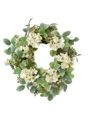 Selyemvirág koszorú hortenziával 70cm zöld- fehér SSS