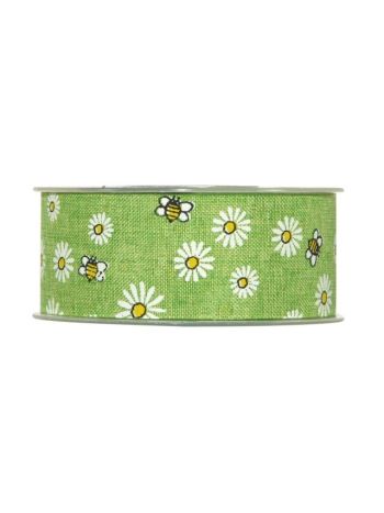 Szalag virággal- méhecskével textil 40mmx20m almazöld PV4127G29