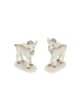 Deer in a cap- standing with scarf- glitter- poly- 5x2-4x5-8 cm- white- grey- 2 f