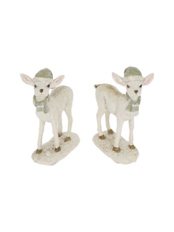 Deer in a cap- standing with scarf- glitter- poly- 6-8x3x8-5 cm- white- grey- 2 f