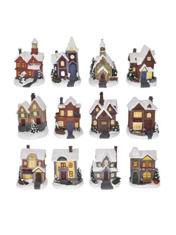 Téli házikó- LED-es- elemes- poly- 7x6x10 cm- színes- 12 féle