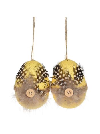 Tojás tollakkal akasztós műanyag 8cm sárga S/2  DD64395