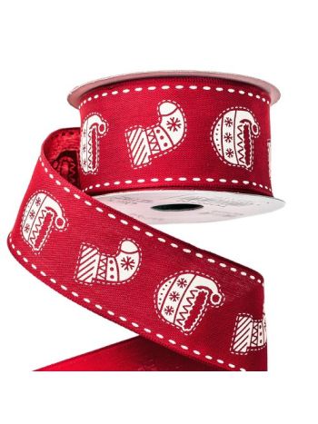 Téli sapis- zoknis karácsonyi szalag drótos szegéllyel 38mm x 6.4m - Piros