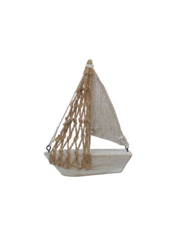 Vitorláshajó zsinórral fa 11,5x3x14 cm fehér, natúr