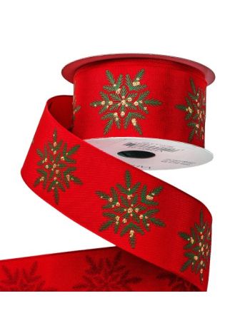 Piros karácsonyi szalag arany glitteres hópihékkel és drótos szegéllye