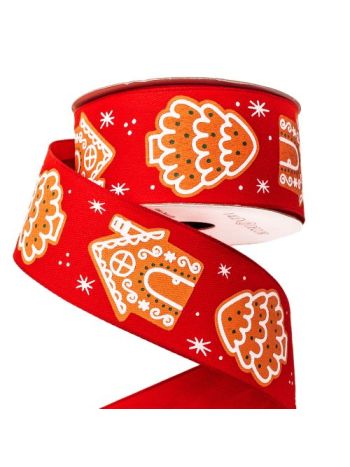 Mézeskalács házikós karácsonyi szalag drótos szegéllyel 38mm x 6.4m - Piros