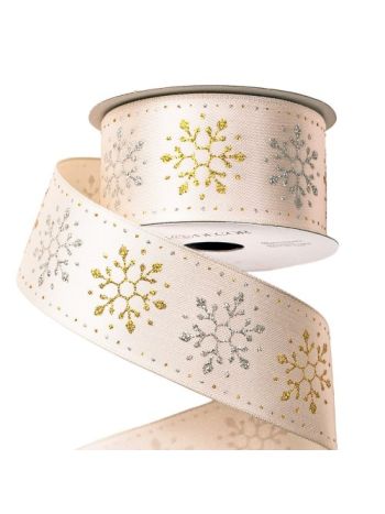Arany-ezüst csillogó hópihés karácsonyi szalag drótos szegéllyel 38mm x 6.4m